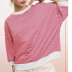 La Miel Red White Striped Pullover Top 3/4 Sleeve Crew Neck Small